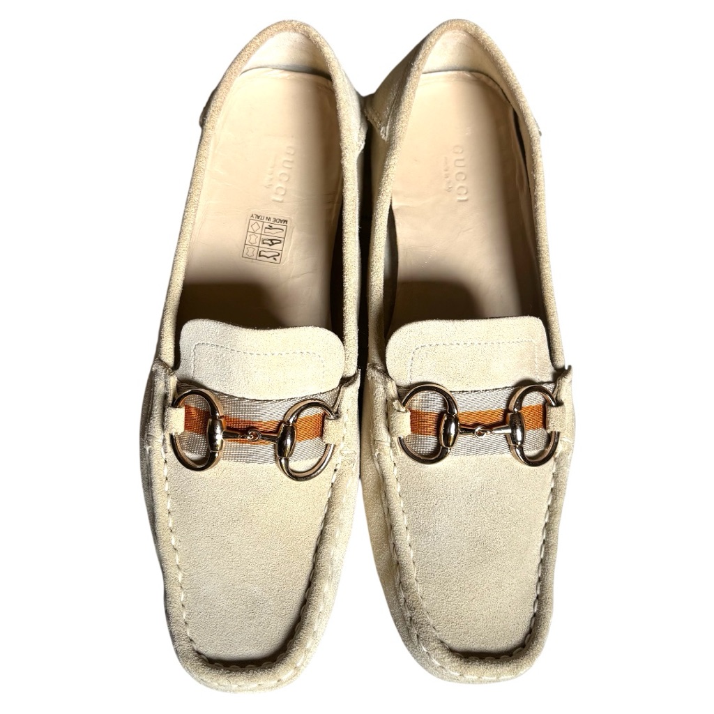Gucci Horsebit Moccasin Driving Loafers In Ivory Suede Size 9.5